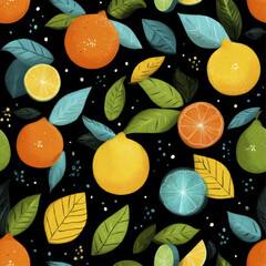 Bright Summer Citrus Pattern with Fruits and Leaves