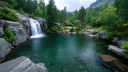 Fototapeta premium Picturesque Waterfall Cascades into Emerald Pool Surrounded by Verdant Forest with Rocks Underneath Bright Sky Serene Natural Landscape in Daylight