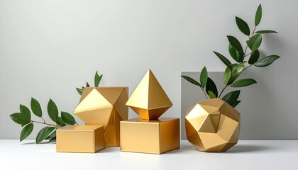 Geometric gold container with open hinged lid, surrounded by pine greenery on a white surface against a light gray background, blending festive decor with modern design.