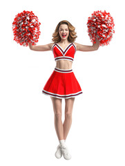 Young cheerleader with red and white pompoms isolated on transparent background