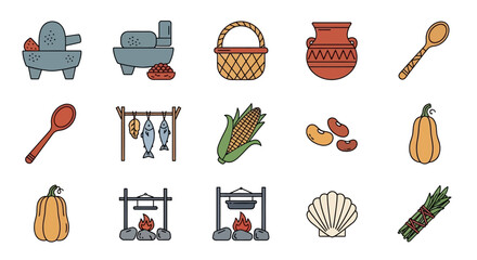 Collection of Traditional Food and Outdoor Cooking Line Art Icons.