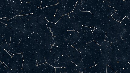 Fototapeta premium Seamless tile of tiny five-pointed stars and twinkling dots on deep navy field, connected constellation lines forming bear, hunter, and fish shapes in thin white strokes