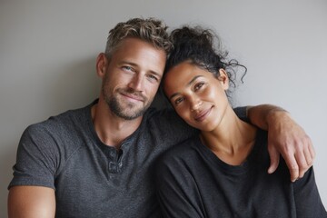 Obraz premium Portrait of a satisfied couple in their 30s wearing a sporty polo shirt isolated in minimalist or empty room background