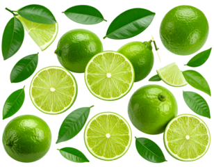 Firefly_Fresh Limes and Green Leaves Scattered citrus fruit isolated on a transparent backgro
