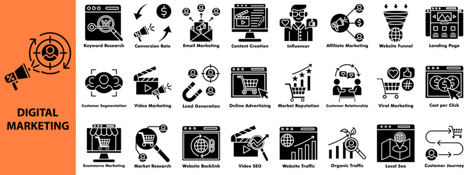 Digital marketing icon set in glyph style. Containing keyword research, email marketing, content creation, influencer, affiliate marketing, online advertising, customer relationship, website traffic