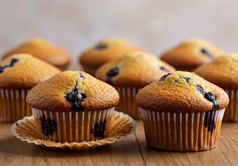 Homemade Blueberry Muffins on Bright Yellow Background 