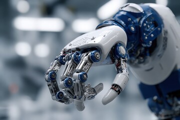 Control engineer calibrating robotic movement path, denim blue and steel white, precise macro scene 