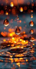 Water drops reflecting warm light