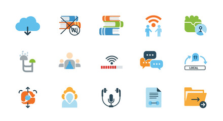Colorful Flat Icon Set for Technology Communication and Data Management.