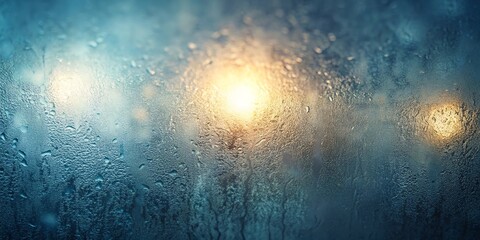 Blurred warm lights seen through a frosted blue windowpane at night