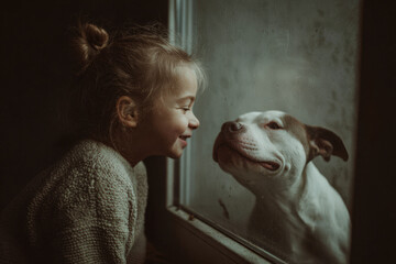 joyful girl introduces her dog to her reflection sparking surprise and delight in both