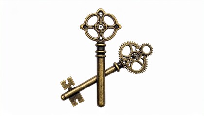 Steampunk brass key with gear-adorned bow, blending Victorian elegance and industrial fantasy white background