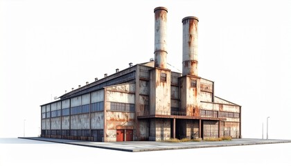 Obraz premium Industrial building with twin chimneys and garage doors, evoking power infrastructure and utilitarian scale white background