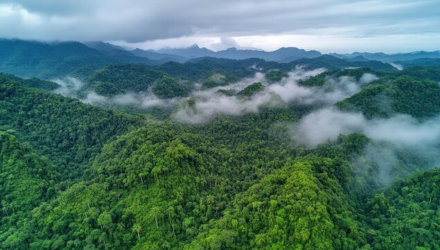 Lush green mountainous landscape shrouded in mist