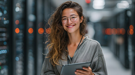 Data Center Female e-Business Entrepreneur Use Tablet Computer with Pleasure Smile in Big Cloud Computing Server Farm. Generative Ai