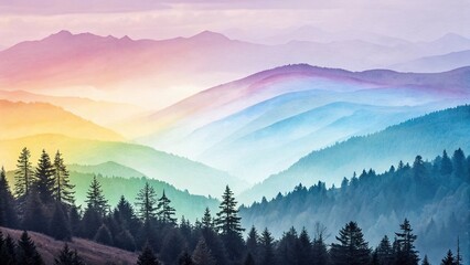Obraz premium Watercolor gradient landscape of misty mountains and pine forests at sunrise in serene pastel hues