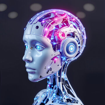 Artificial Intelligence Futuristic Robot Portrait with Glowing Brain