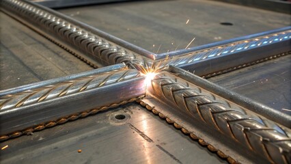 Detailed view of weld seams and metal fusion process taking place on a workpiece