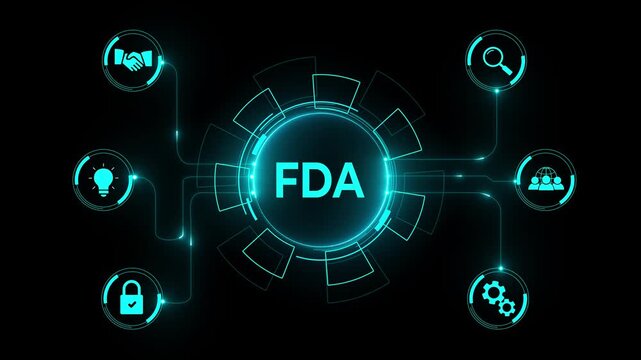 FDA Concept with Connected Icons,Food and Drug Administration Network,Understanding FDA: Digital Representation,FDA Functions and Regulations Diagram. on a black background