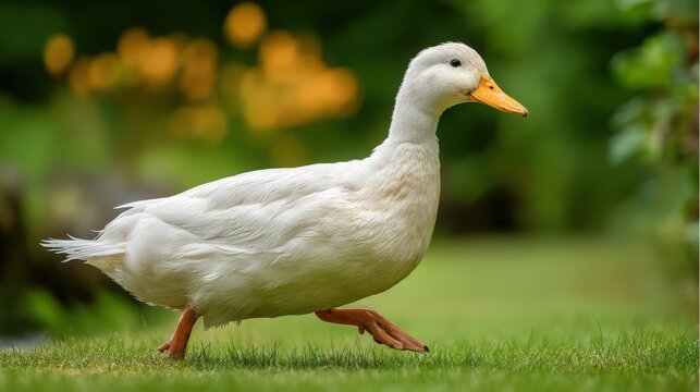A charming white duck gracefully walks across a lush green lawn on a bright summer day, its yellow beak adding a touch of color to the serene scene perfectly.