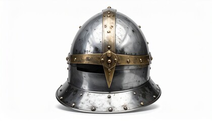 Medieval helmet with silver-bronze tones and riveted visor, evoking strength and historical craftsmanship white background