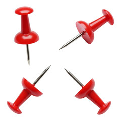 Four red push pins scattered on a transparent background, isolated, showcasing their sharp metal points and rounded plastic heads