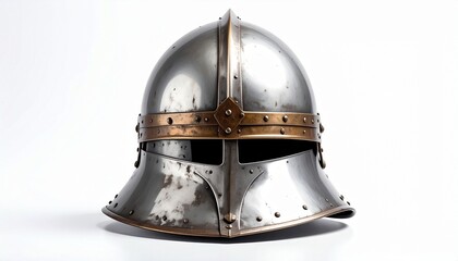 Medieval helmet with silver-bronze tones and riveted visor, evoking strength and historical craftsmanship  white background