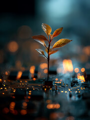 Plants on circuit board with dark background, Technology concept, empty space