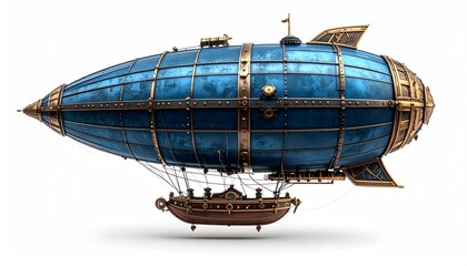 Naklejka premium Steampunk airship with blue and gold brass detailing, blending Victorian fantasy and futuristic tech white background