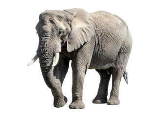 Obraz premium A large, mature African elephant stands, facing slightly left, against a black background. Its wrinkled grey skin, large ears, and long ivory tusks are clearly visible. 