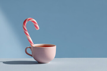 whimsical candy cane rests elegantly against soft pastel blue background creating delightful contrast