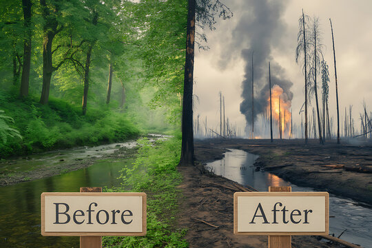Dramatic contrast shows lush green forest transformed into a devastated, burning landscape highlighting environmental destruction and its dire consequences