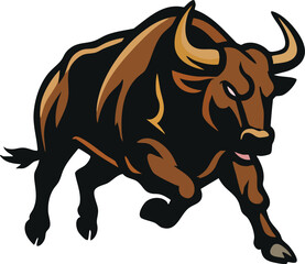 Charging bull logo, bold horns, brown power stance