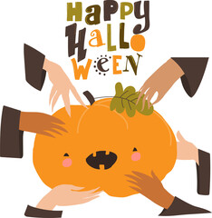 Happy Halloween. Big Pumpkin with Witches Hands. Vector Illustration
