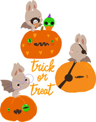 Funny Bats sitting on Pumpkins. Happy Halloween. Vector Illustration