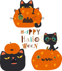 Funny Cats sitting in Pumpkins. Happy Halloween. Vector Illustration