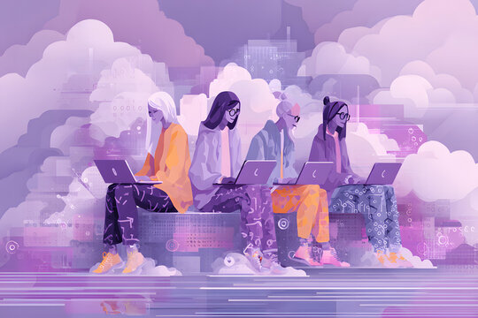 Flat vector illustration Teamwork, laptop hologram and success of people in data analysis, cyber security research and cloud computing. Coding, programming and developers women or group working with s