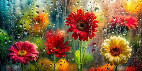 Colorful gerbera daisies through raindrops on glass