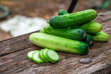 cucumber (Cucumis sativus) and slices on wood background. Freshly sliced mini cucumbers with knife on wooden cutting board.
