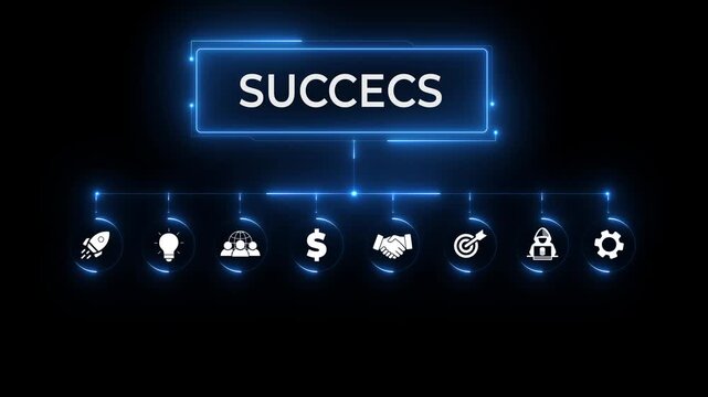 Glowing blue digital circuits form an abstract background with the word SUCES in a central circular display, on a black background. 4k