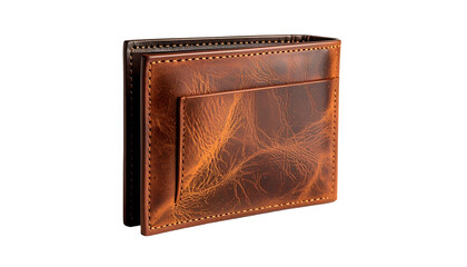 A brown leather bi-fold wallet with a textured, distressed finish and an exterior slip pocket; stitch detailing visible along edges