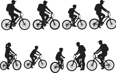 Fototapeta premium Silhouette people riding bicycles with backpacks, family cycling outdoor activity, healthy lifestyle, fitness exercise, leisure travel sport, bicycle silhouette illustration design