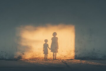 Shadows of a girl and woman holding hands on a textured wall during golden hour