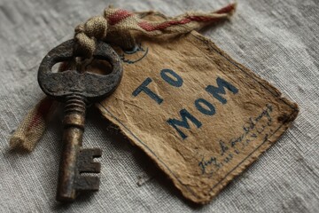 Vintage key tied to 'TO MOM' gift tag on textured fabric