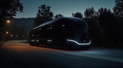 Futuristic black bus on a winding road at night