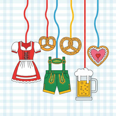 Flat lay illustration of traditional German Oktoberfest celebration items including a dirndl, lederhosen, pretzels, a heart-shaped cookie, and a beer mug on a checkered background.