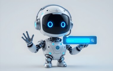 Naklejka premium Futuristic Artificial Intelligence Robot with Glowing Blue Eyes and Headset Using Virtual Search Bar Technology Concept in Modern Digital Innovation Design
