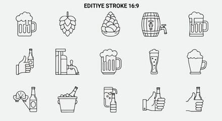 A flat lay of various Oktoberfest Celebration icons and symbols, including beer glasses, bottles, and hops, arranged in a grid on a clean white background with a festive mood.