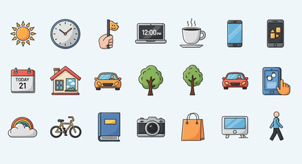 A collection of colorful flat design icons depicting various objects and concepts related to daily life, work, and leisure.