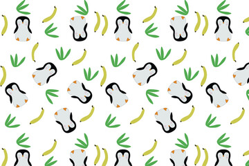 Seamless Penguin Banana Grass Pattern